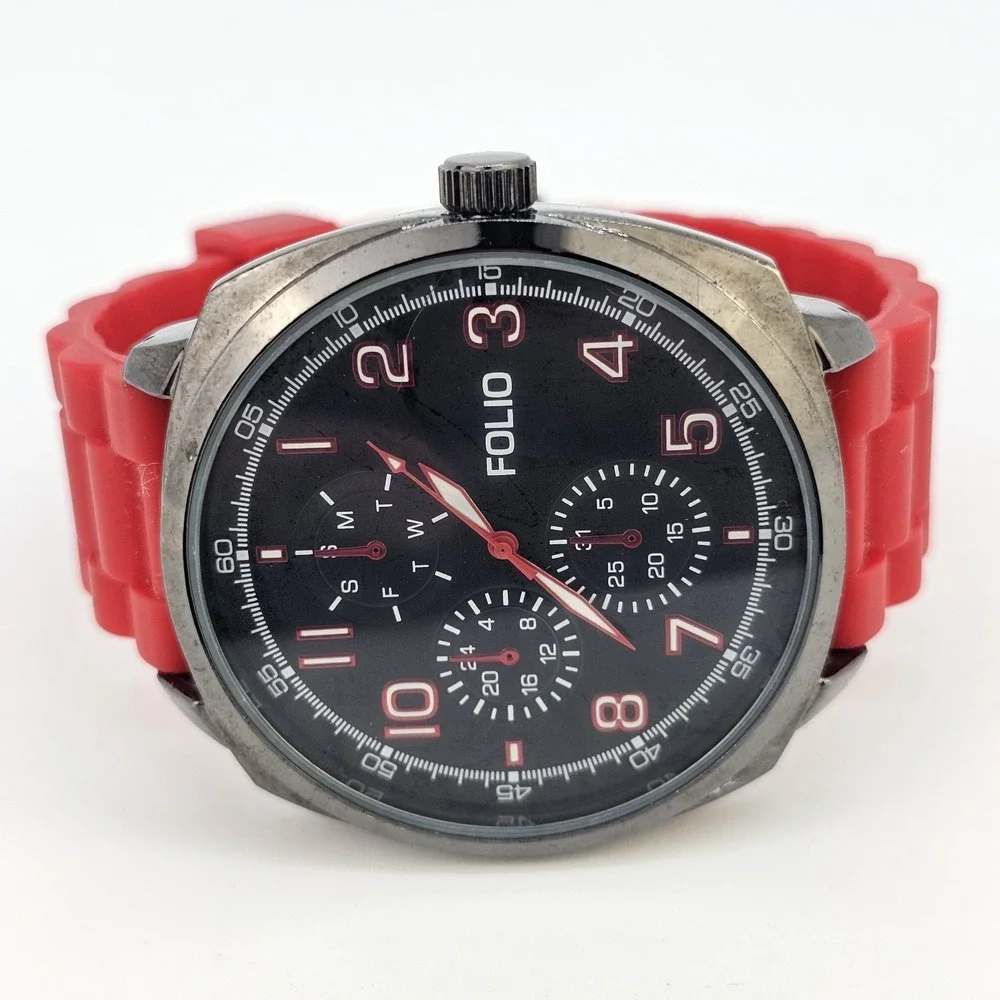 Folio Men's‎ Watch 50MM Black Dial Red Plastic Bands New Battery